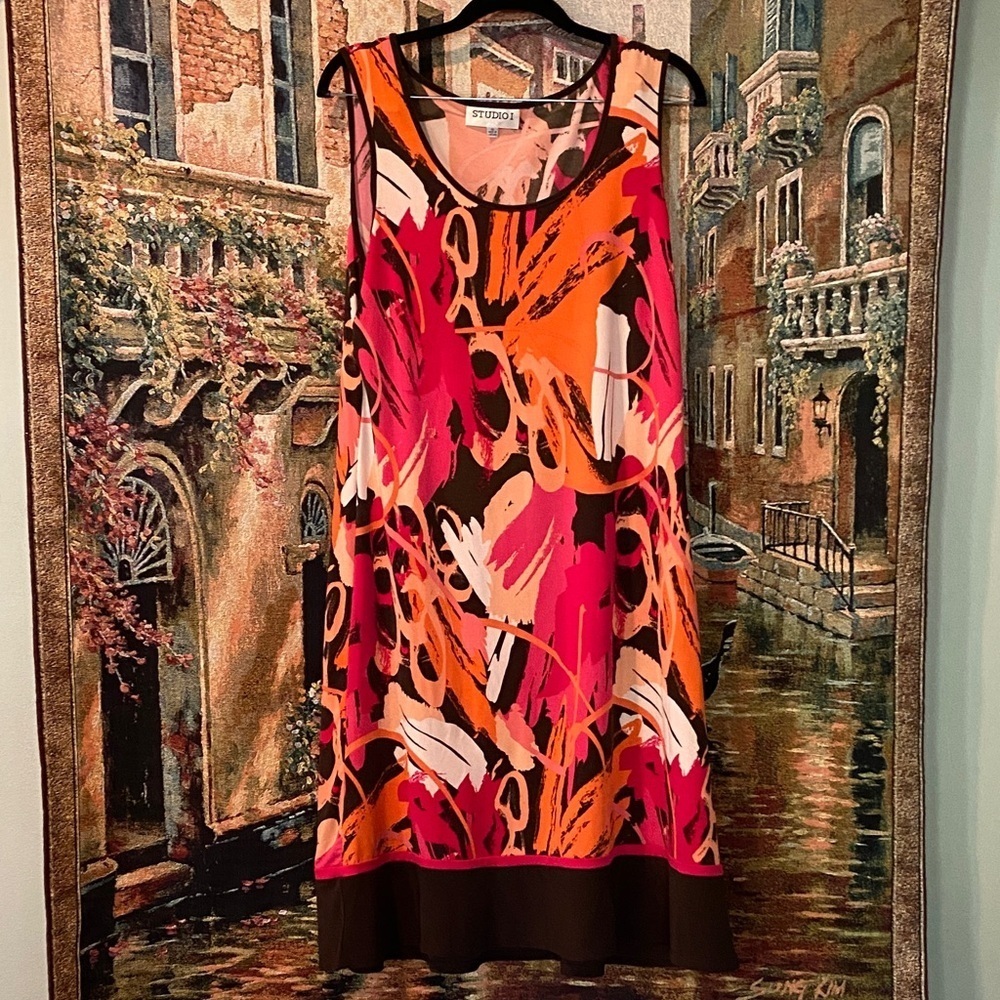 Studio I Vibrant Brown and Pink Dress with Removable Cardigan. - Picture 5 of 6